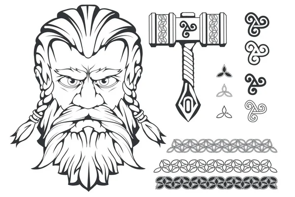 Scandinavian God Thunder Storm Hand Drawing Thor Head Hammer Thor — Stock Vector