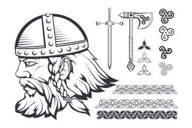 Elle çizilmiş bir Viking bir kask içinde. İskandinav geleneksel silahlar. Sakallı adam karakter karikatür. Viking dövmesi. Geleneksel İskandinav süs. İskandinav mitolojisi. Vektör grafik tasarım