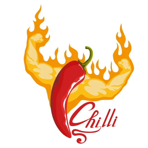 Tangan Ditarik Merah Lada Panas Bahan Pedas Logo Chili Spice - Stok Vektor