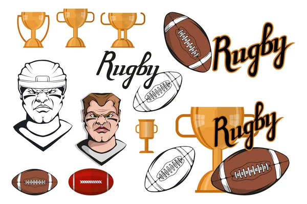 Set Football Player Design Elements Hand Drawn Rugby Player Cartoon — Vector de stoc