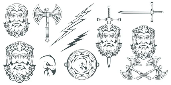 ゼウス神殿 古代ギリシャ天国 雷と稲妻の神 ギリシャ神話 両面斧ラビリスとワシ オリュンポスの神々 のコレクションです 男性の頭を描画されます ひげを生やした男 ベクトル — ストックベクタ
