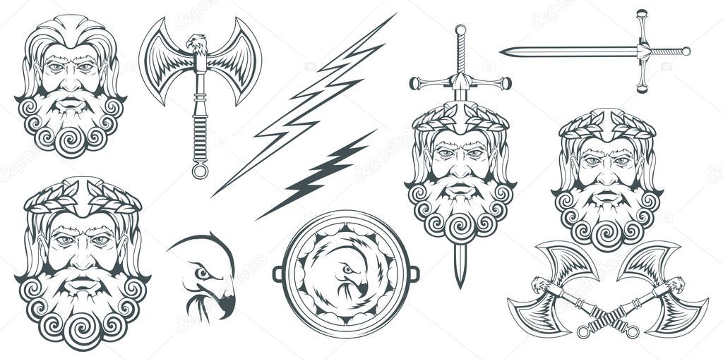 Zeus - the ancient Greek god of heaven, thunder and lightning. Greek mythology. Two-sided ax labrys and eagle. Olympian gods collection. Hand drawn Man Head. Bearded man. Vector graphics to design