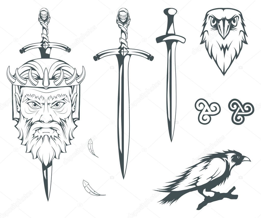 Hades - the ancient Greek god of the underworld of the dead. Greek mythology. Sword of hell and the raven. Olympian gods collection. Hand drawn Man Head. Bearded man. Vector graphics to design