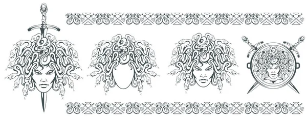 Medusa Gorgon Monstro Com Rosto Feminino Cobras Vez Cabelo Espada — Vetor de Stock