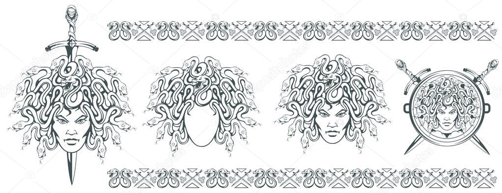 Gorgon Medusa - monster with a female face and snakes instead of hair. Sword. Medusa head. Greek mythology. Hand drawn traditional Greek ornament. Snake tattoo. Vector graphics to design