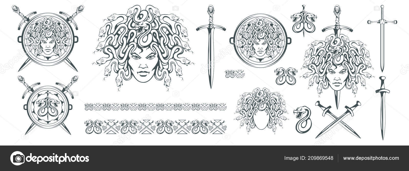 고르고 검입니다 머리입니다 그리스는 손으로 그리스 문신입니다 그래픽 디자인 스톡 벡터 - ©korniakovstock@gmail.com  209869548, image size:1600x671