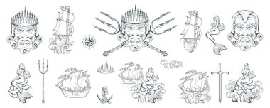 Poseidon - antik Yunan yüksek deniz tanrısı. Yunan mitolojisinde. Neptune trident. Olimpos tanrısı koleksiyonu. El adam kafa çekilmiş. Sakallı adam. Vektör grafik tasarım