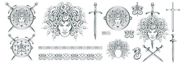 Gorgon Medusa - canavar bir kadın yüzü ve yılan saç yerine. Kılıç. Medusa başı. Yunan mitolojisinde. Geleneksel Yunan süsleme el çekilmiş. Yılan dövmesi. Vektör grafik tasarım