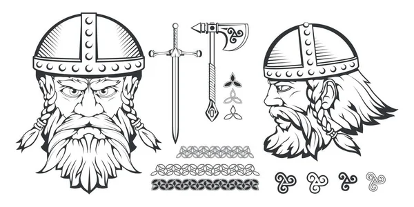 Ręcznie Rysowane Viking Kasku Skandynawskie Tradycyjnych Broni Brodaty Mężczyzna Postać — Wektor stockowy