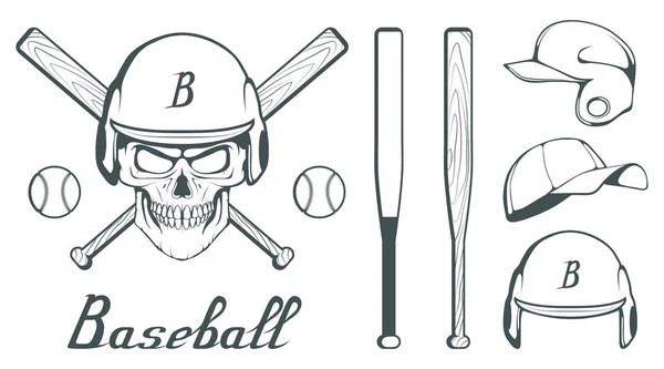 Ensemble Éléments Conception Joueur Baseball Balle Baseball Dessinée Main Casque — Image vectorielle