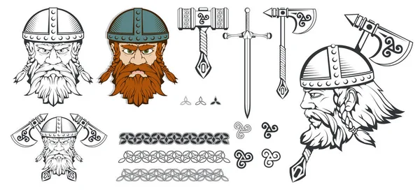 Mano Dibujada Vikingo Casco Armas Tradicionales Escandinavas Personaje Hombre Barbudo — Vector de stock