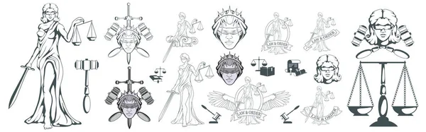 Themis Ancient Greek Goddess Justice Hand Drawn Scales Justice Symbols — Stock Vector