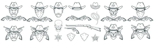 Cowboy Set Voor Design Hand Getrokken Cowboyhoed Cartoon Karakter Man — Stockvector