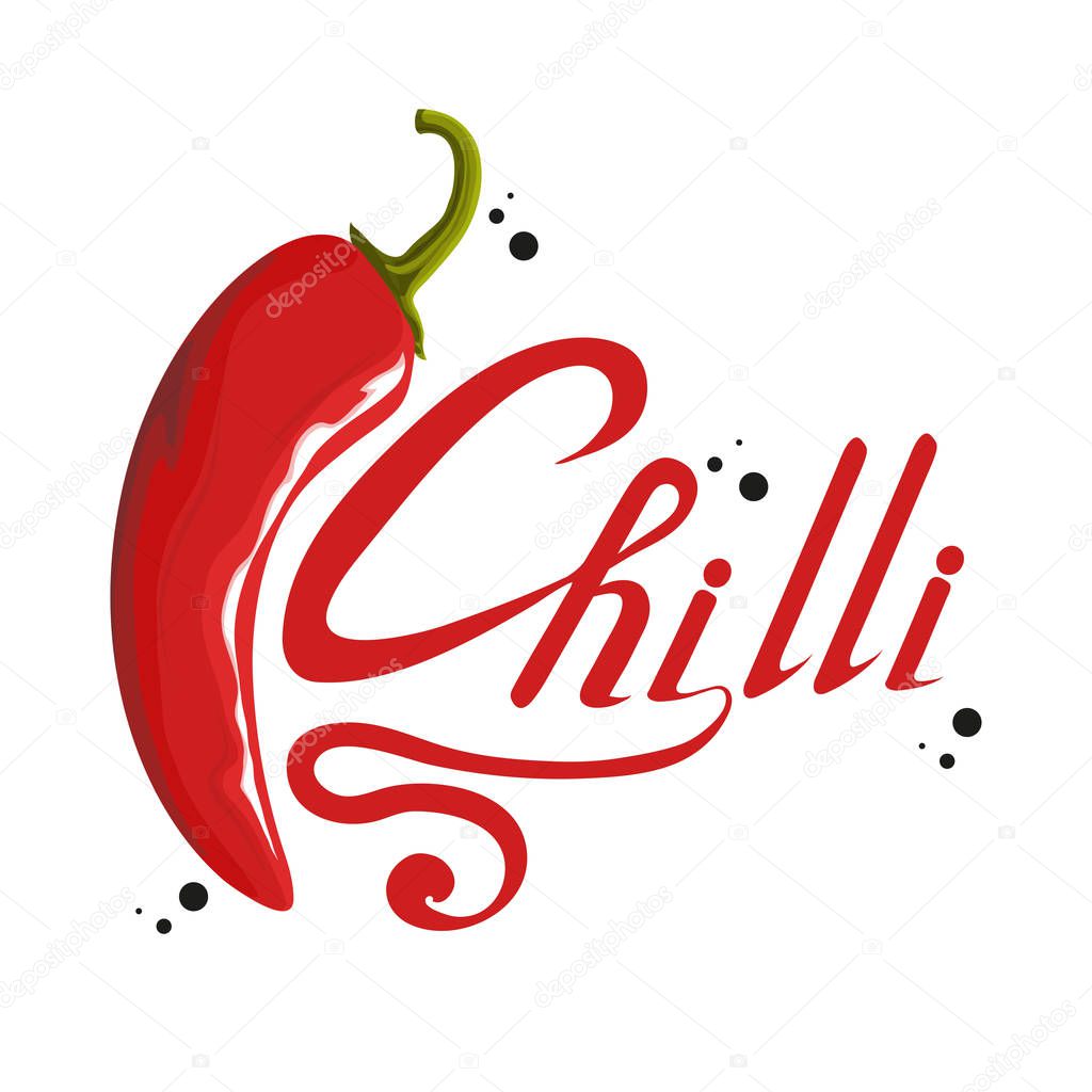Hand drawn Red hot pepper. Spicy ingredient. Chili logo. Spice Hot Chili Pepper isolated on white background. Natural healthy food. Vector graphics to design