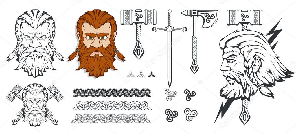 Scandinavian god of thunder and storm. Hand drawing of Thor's Head. The hammer of Thor - mjolnir. Son of Odin. Cartoon bearded man character. Norse mythology. Vector graphics to design