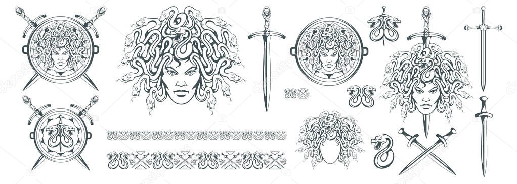 Gorgon Medusa - monster with a female face and snakes instead of hair. Sword. Medusa head. Greek mythology. Hand drawn traditional Greek ornament. Snake tattoo. Vector graphics to design