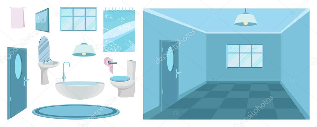 bathroom interior modern, 3d, bathroom design, interior of the room in blue, elements for creating a bathroom, shower room, flat design, vector graphics to design
