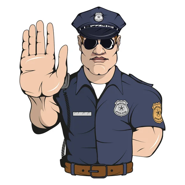 Policista stojící v jiné pozice, zbraně, policejní důstojník v uniformě, důstojník logo, důstojník klobouk, zbraň, profesionální policejní charakter, pistole, vektorové grafiky k návrhu — Stockový vektor