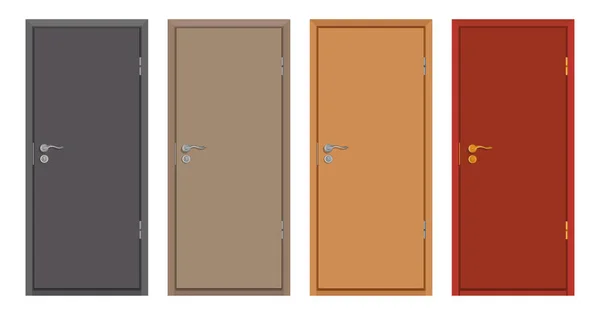 Portas de madeira coloridas isoladas em fundo branco, porta de madeira realista, ilustração a cores de design de porta diferente, interior de escritório ou elemento exterior, design de quarto, gráficos vetoriais para projetar —  Vetores de Stock