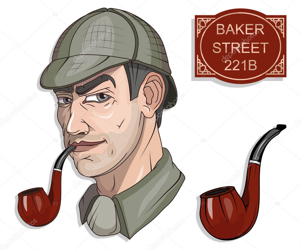 Sherlock Holmes vector, London, ilustration with Sherlock Holmes, Baker street 221B, Sherlock Holmes hat, famous London private detective, detective with smoking pipe, London style, cartoon detective
