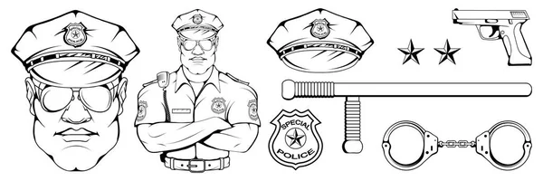 Поліцейський Стоїть Іншій Позі Зброя Поліцейський Формі Логотип Офіцера Капелюх — стоковий вектор