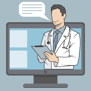 Online Tıp doktoru, online danışma ve destek, mobil tıp amblemi, simge, sembol, illüstrasyon, vektör, online doktor, tıbbi kavramı, Internet sağlık hizmeti, vektör grafik tasarım