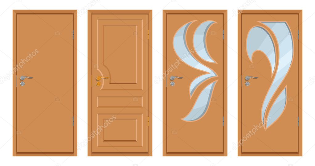 colored wooden doors isolated on white background, realistic wooden door, colour illustration of different door design, office interior or exterior element, room design, vector graphics to design