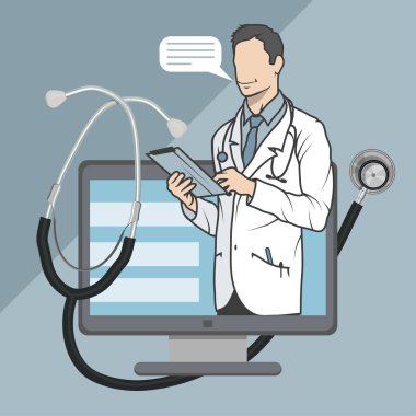Online Tıp doktoru, online danışma ve destek, mobil tıp amblemi, simge, sembol, illüstrasyon, vektör, online doktor, tıbbi kavramı, Internet sağlık hizmeti, vektör grafik tasarım