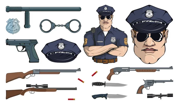 Polis Ayakta Farklı Poz Silah Polis Memuru Üniforma Memur Logosu — Stok Vektör