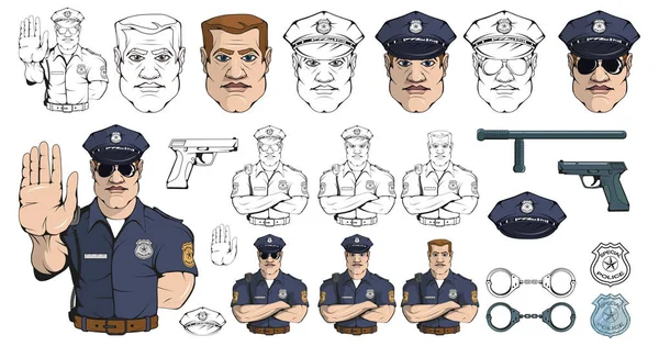 Politieagent Staande Een Verschillende Pose Wapen Politieagent Uniform Officier Logo — Stockvector