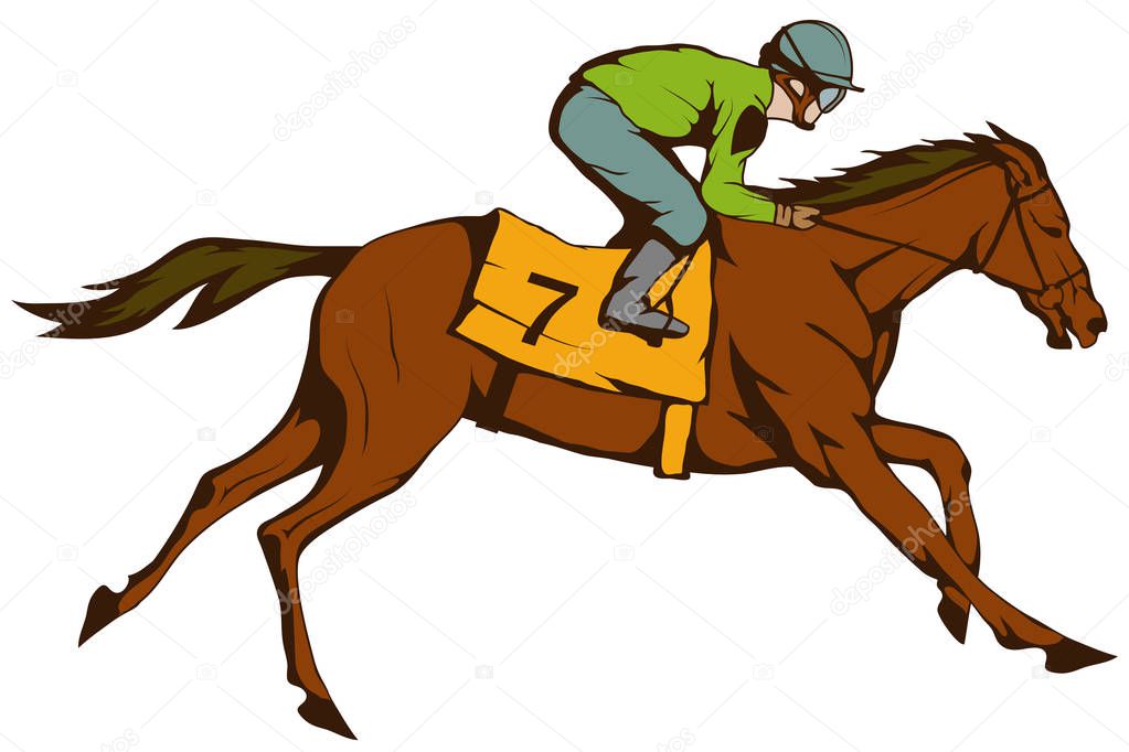 Horse racing. Jockey on racing horse running to the finish line. Race course