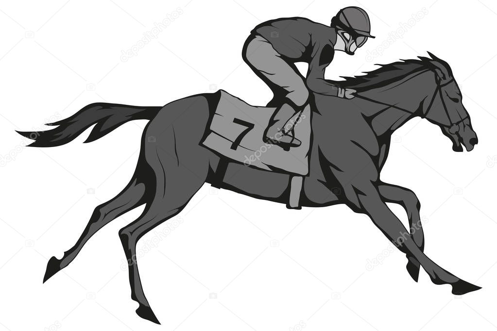 Horse racing. Jockey on racing horse running to the finish line. Race course