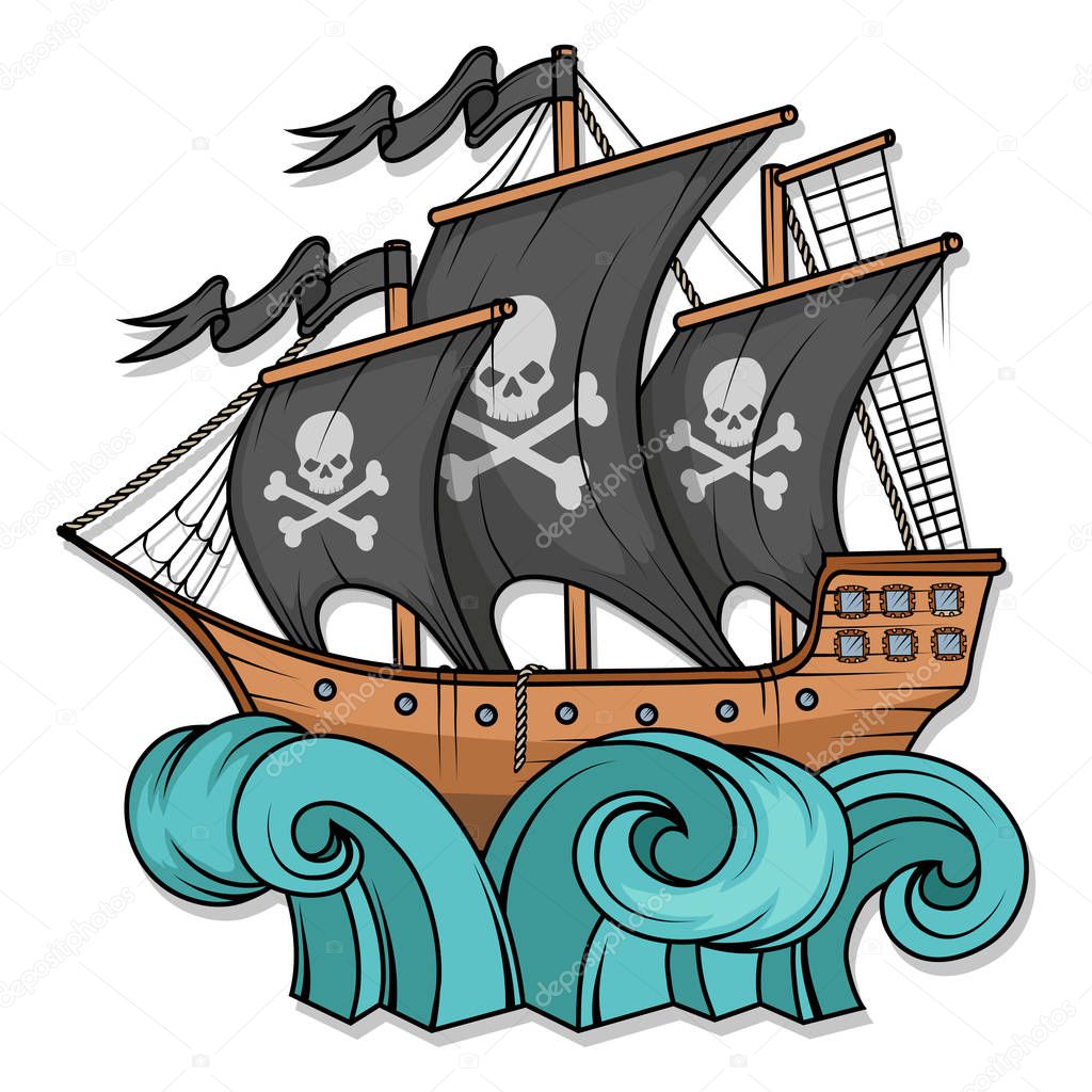 pirate ship or boat illustration, isolated on white background, cartoon sea pirate ship, sailing ship at sea, vector graphic to design