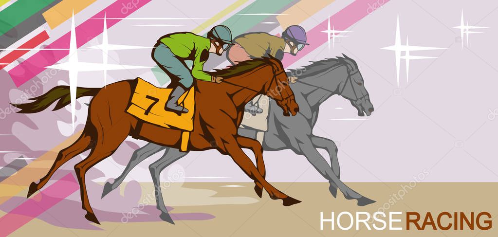 Horse racing. Jockey on racing horse running to the finish line. Race course