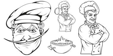 ayakta bir farklı poz, Restoran patron, karikatür Şef üniforma, aşçı logosu, aşçı şapkası, profesyonel şef aşçı, mutfak, vektör grafik tasarımı için baş şef aşçı