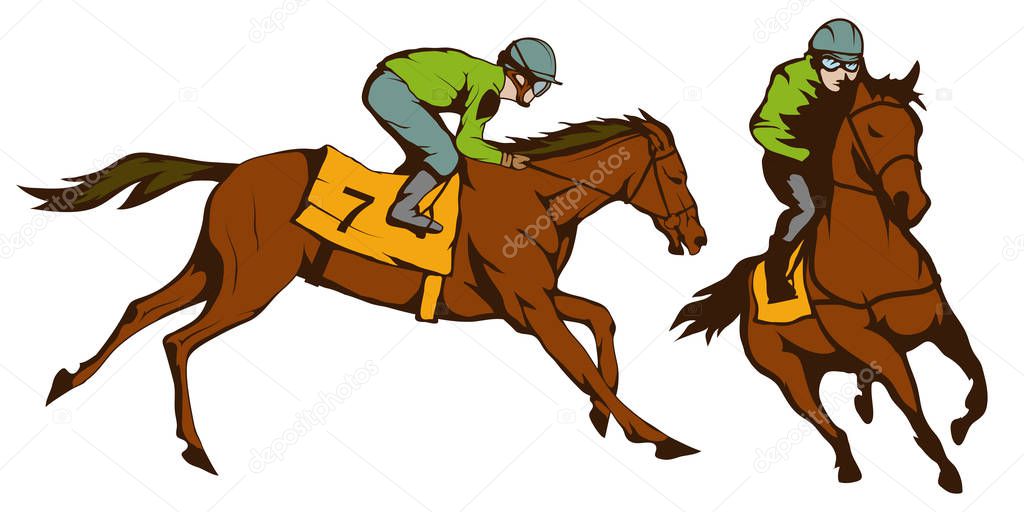 Horse racing. Jockey on racing horse running to the finish line. Race course