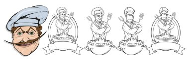 ayakta bir farklı poz, Restoran patron, karikatür Şef üniforma, aşçı logosu, aşçı şapkası, profesyonel şef aşçı, mutfak, vektör grafik tasarımı için baş şef aşçı