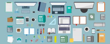 iş yeri kavramı, çalışma yeri tasarımında düz bir stil, işyeri donanımları, bilgisayar, dizüstü bilgisayar, telefon, hesap makinesi, masaüstü aksesuarları, ileti örneği öğeleri, iş simgeler, vektör grafik tasarım