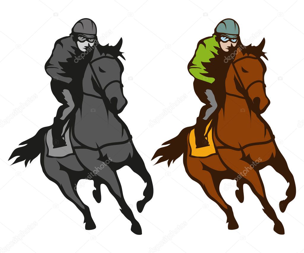 Horse racing. Jockey on racing horse running to the finish line. Race course