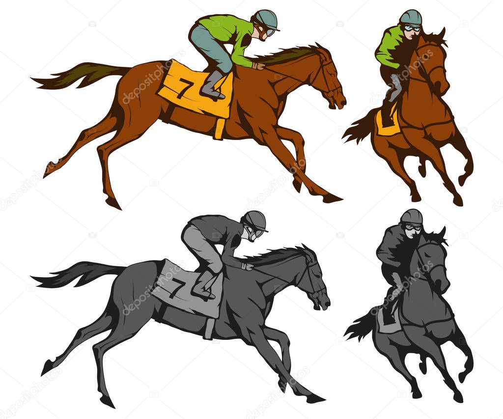 Horse racing. Jockey on racing horse running to the finish line. Race course, vector graphic to design