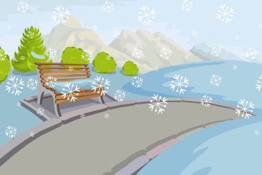 Kış manzarası. Noel renkli doğa. Noel manzara ile el çekilmiş kış sahne. ? hristmas kutlama. Kış manzara orman arka plan. Yılbaşı tatil. Karlı woodland
