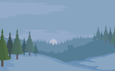 Kış manzarası. Noel renkli doğa. Noel manzara ile el çekilmiş kış sahne. ? hristmas kutlama. Kış manzara orman arka plan. Yılbaşı tatil. Karlı woodland