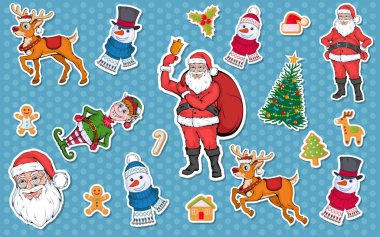 Noel etiket. Noel için farklı etiket kümesi. Yeni yıl. Farklı yeni yıl karakter. Renkli çizgi film etiketi. Yeni yıl karakter Noel çıkartma. Noel tasarım öğesi.