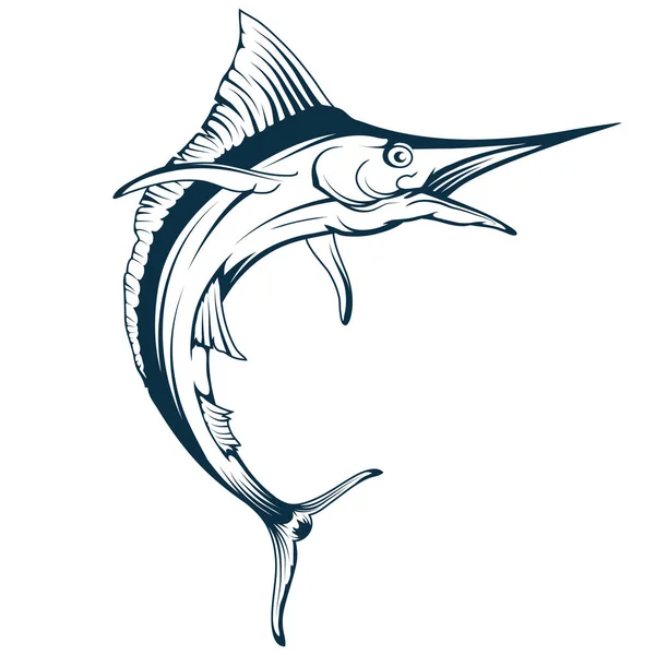 蓝马林鱼矢量绘图 马林鱼画素描在充分生长 马林鱼在黑白 矢量图形设计 — 图库矢量图片