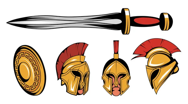 Satz Römischer Oder Spartanischer Kriegerkopf Spartanischer Helm Für Kopf Mit — Stockvektor