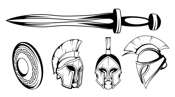 set of roman or spartan warrior head, spartan helmet for head with roman armor and sword, spartan warrior in black and white, vector graphics to design