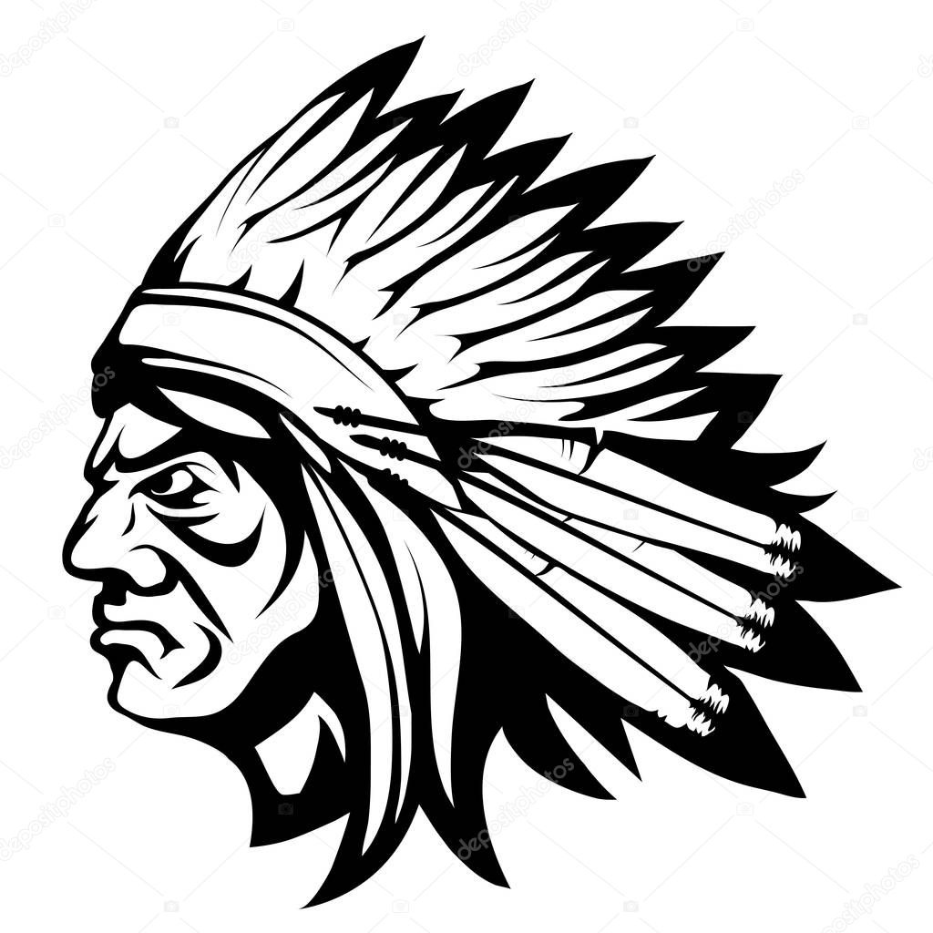 American indian chief, indian face drawing sketch, indian chief head in black and white, vector graphics to design