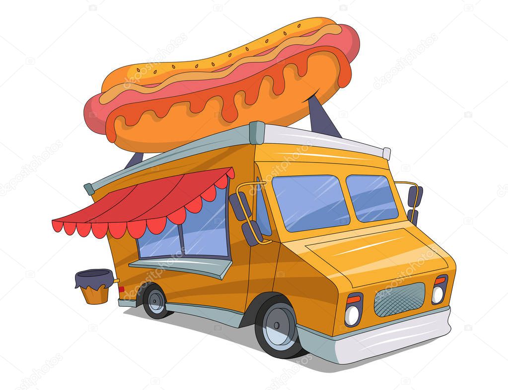 food truck logo, food truck drawing sketch with hot dog on the roof, food truck colored drawing, vector graphics to design