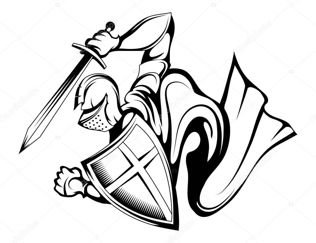 Knight warrior in armor and with a sword and shield in his hand, vector graphic to design