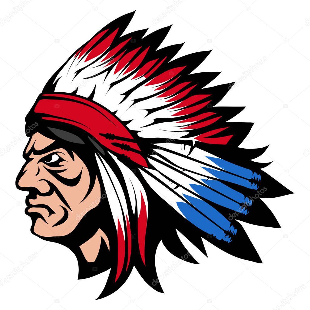 Indian chief, isolated on white background, colour illustration, suitable as logo or team mascot. American Indian Chief, vector graphics to design